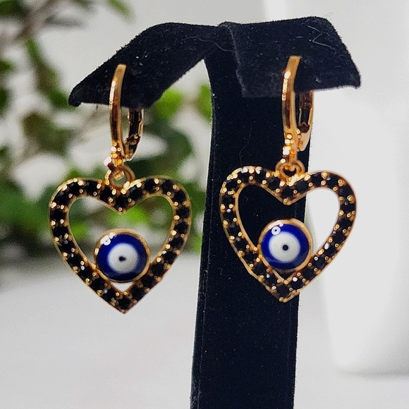 Gold Filled Black Zirconia Heart Evil Eye Huggie Earrings - Picture 6 of 6